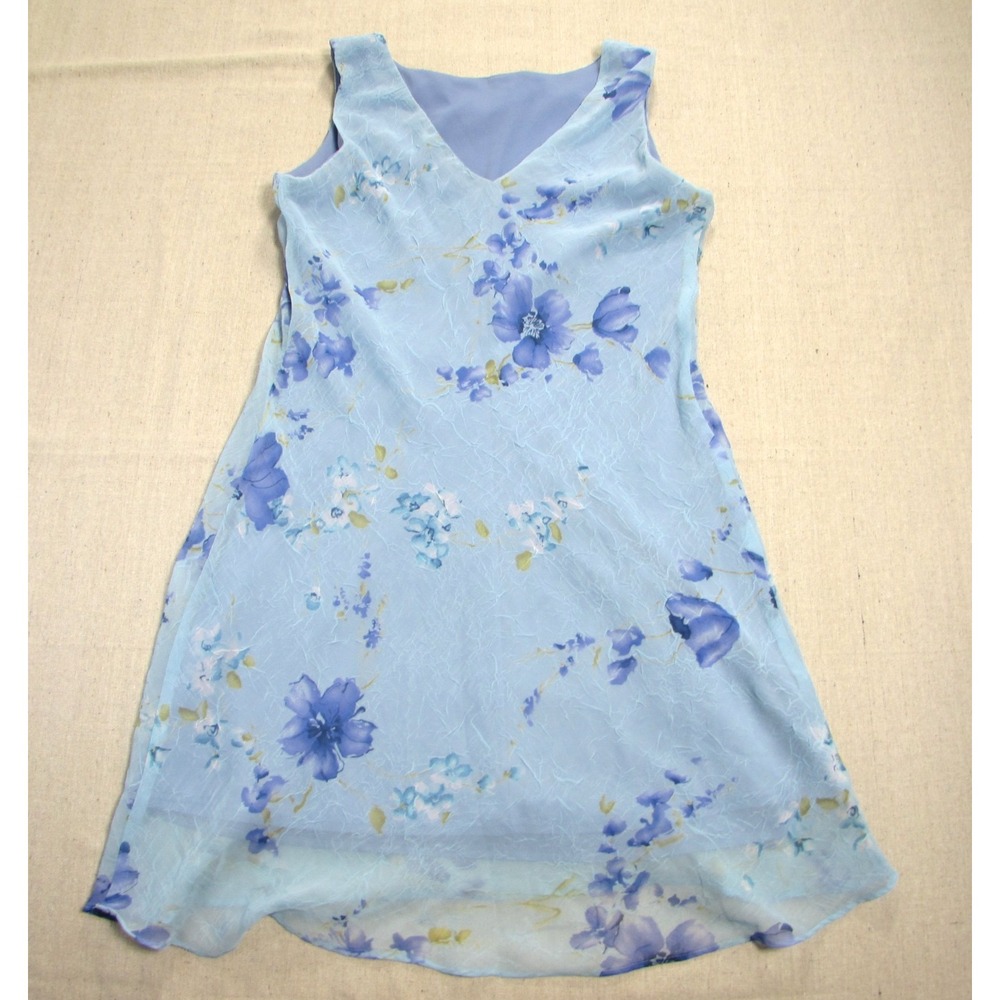 VTG 90s Y2K La Belle Blue Floral Mesh Overlay V-Neck Shift Dress Junior's Size 5